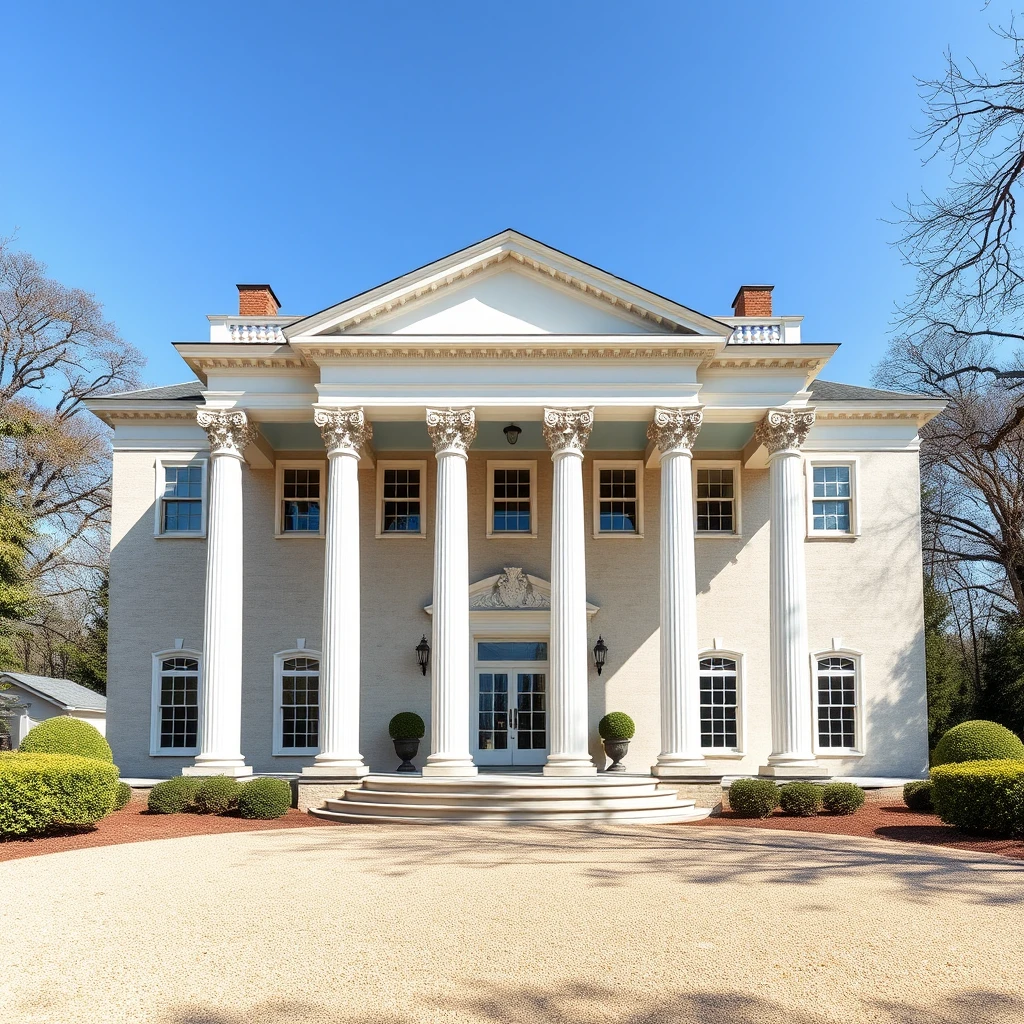 A beautiful 19th century country house in empire style with columns. - Image