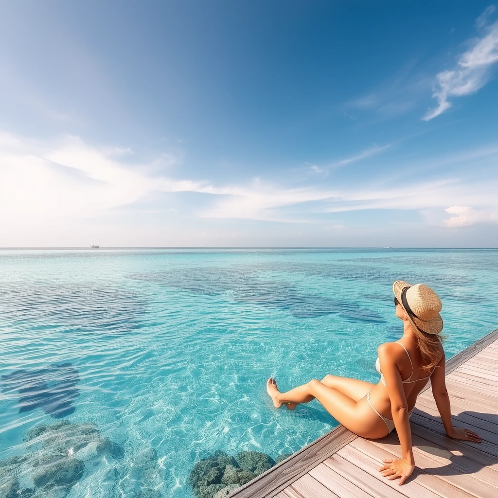 "A woman is sunbathing by the seaside in the Maldives." - Image