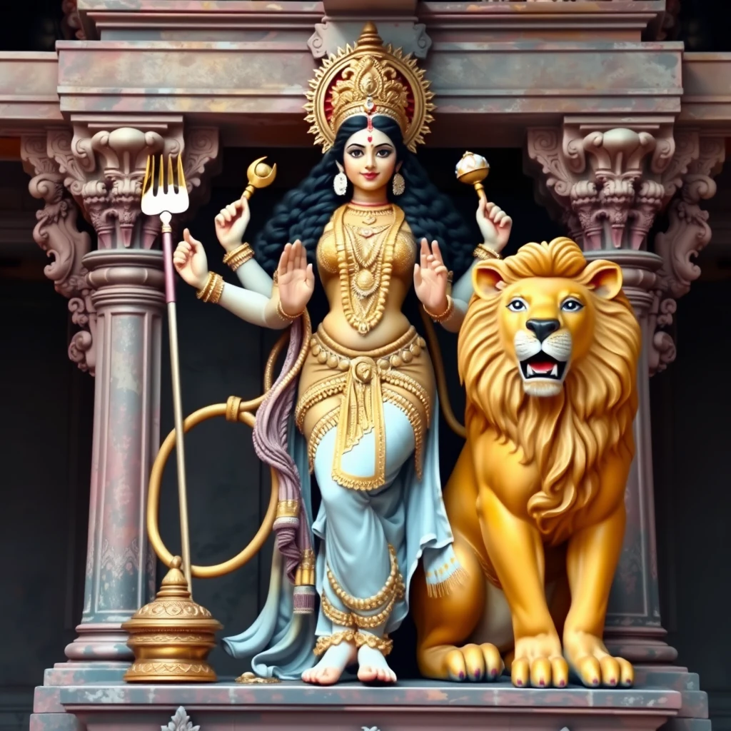 Sexy looking youthful goddess Kamakshi with four arms, standing next to a male lion on a temple altar.