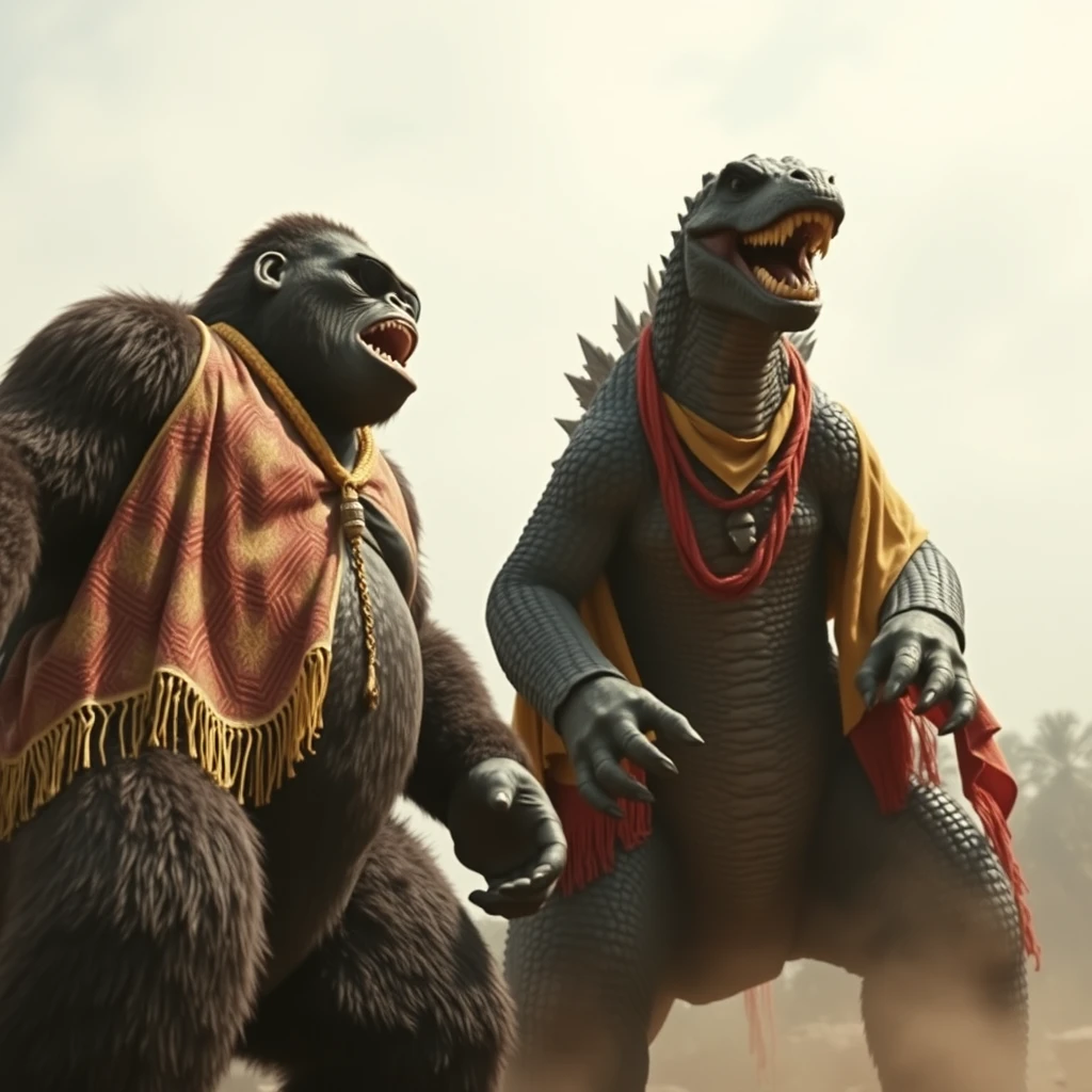 Kong vs Godzilla in India, both wearing ponchos and sunglasses.