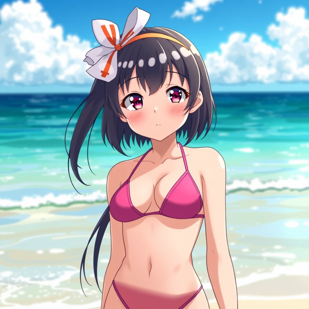 Cute anime girl wearing a revealing swimsuit at the beach.