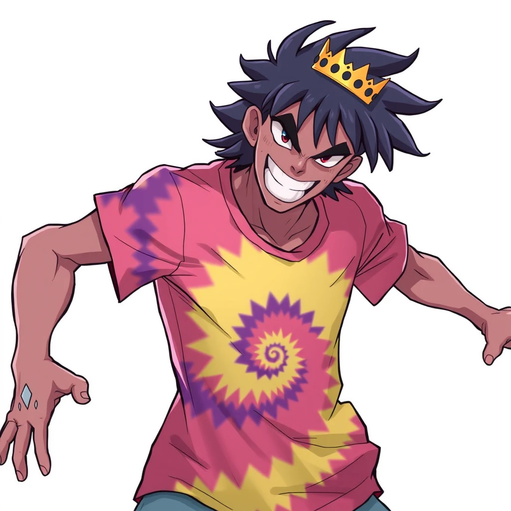 Main Character: Depict a dynamic and charismatic pose, wearing a tie-dye t-shirt with a crown.