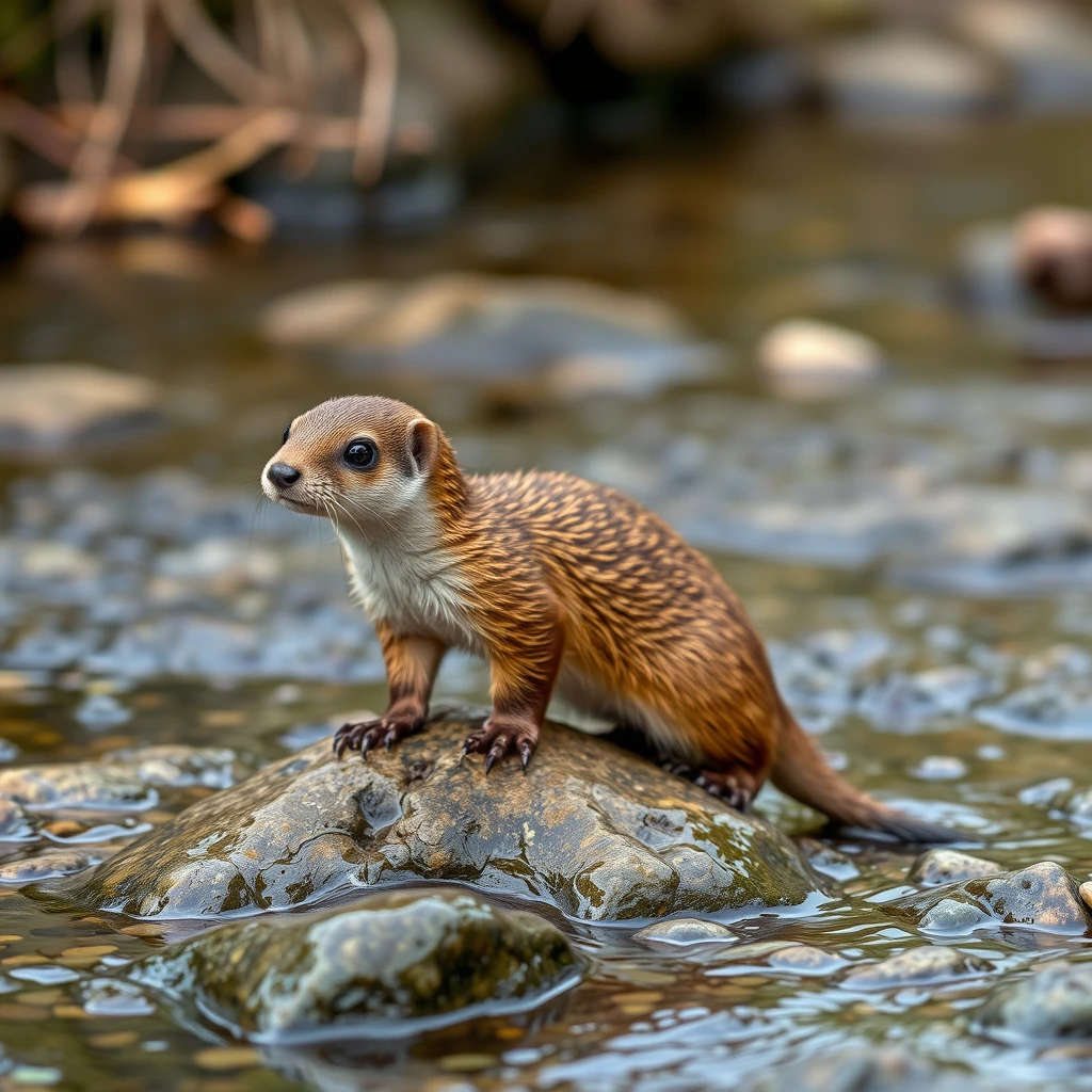 A weasel on a pebble in the stream.