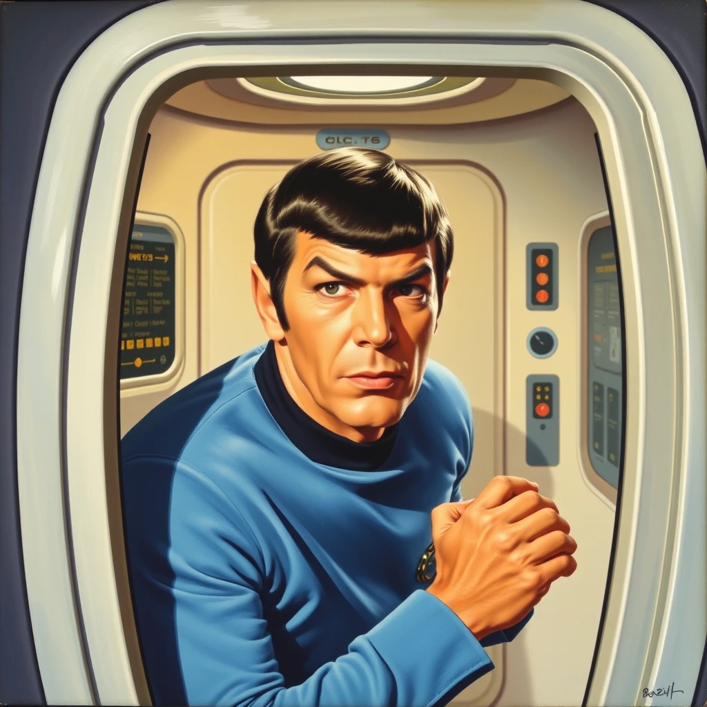 Mr. Spock in the turbolift of the USS Enterprise, as painted by Arthur Sarnoff 1965.