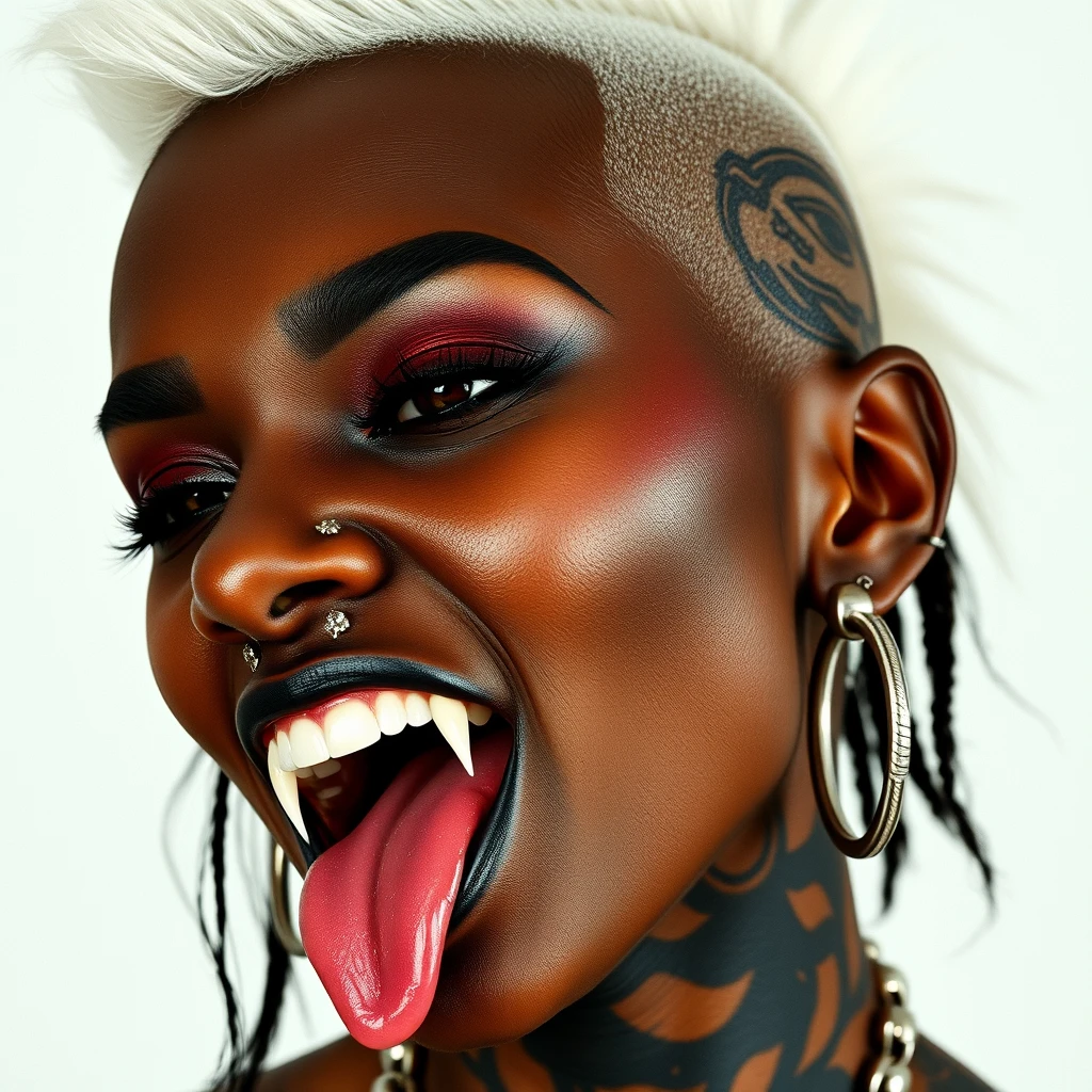 beautiful black woman, fangs, nose piercing, split tongue, side shave, shaved head, white mohawk, nose rings, multiple earrings, extreme piercings, extreme tattoos, head tattoo