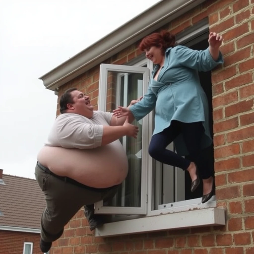 A fat man pushed a woman out of the window, and the woman fell out of the window in fright.