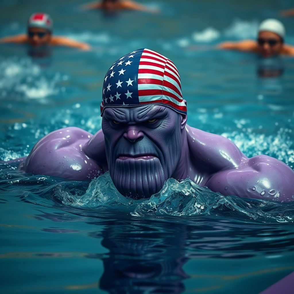 'Only the head of Thanos is purple, and he is swimming against others, wearing a swimming cap with the American flag, in a realistic style, swimming movements.' - Image