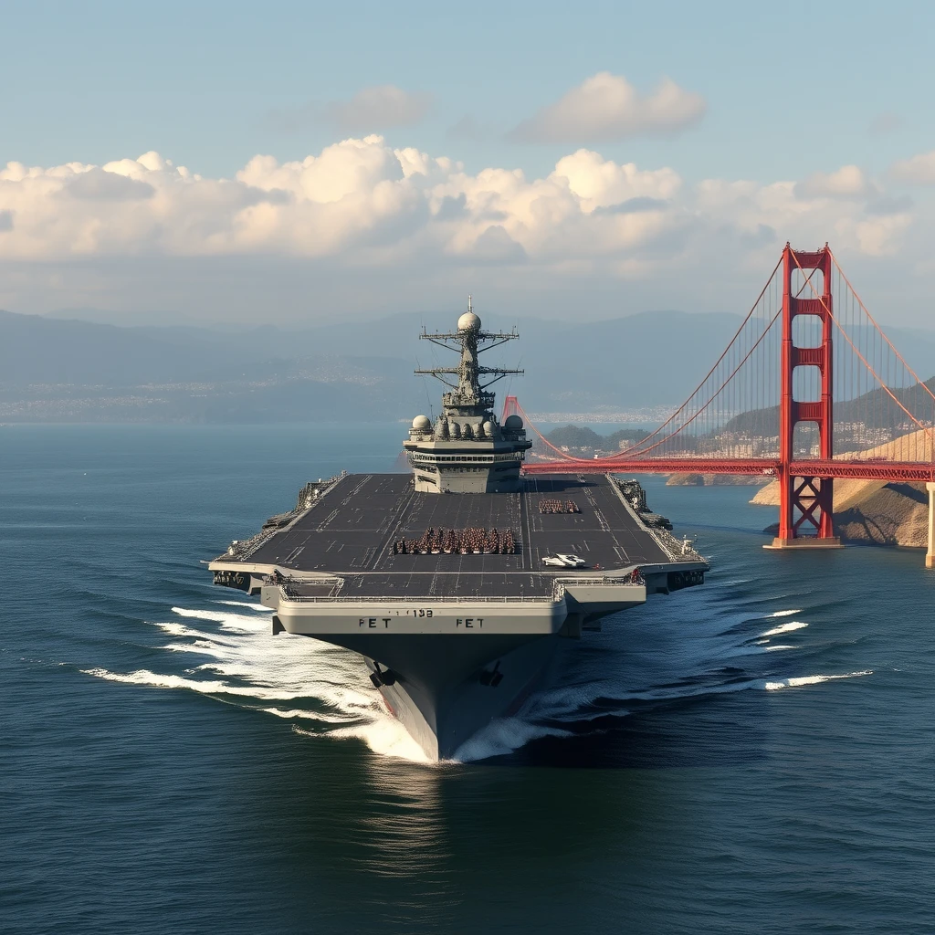 A high quality, photorealistic image of a massive, near-future nuclear aircraft carrier moving under and perpendicular to the Golden Gate Bridge into the San Francisco Bay. It is in the middle of the day, on a bright summer day in San Francisco with little clouds.