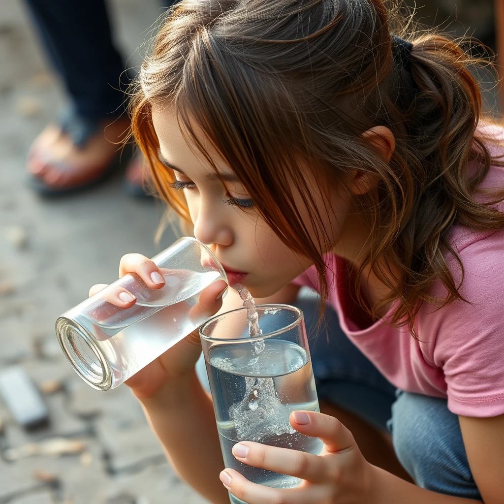 bueatiful teen girl drinks water on the ground. - Image