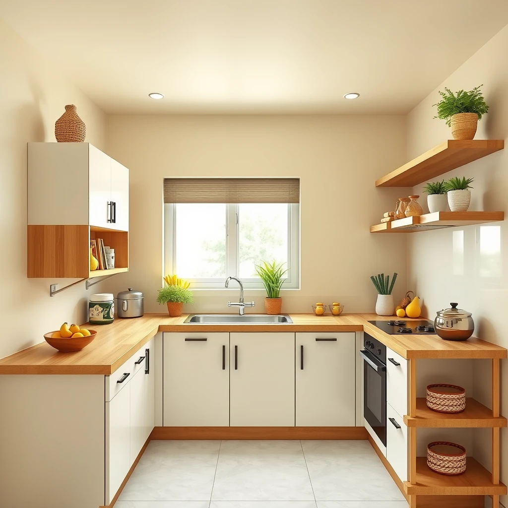 Minimalist and cheerful L-shaped kitchen platform with space-saving storage ideas in ethnic Indian style and color palette. - Image