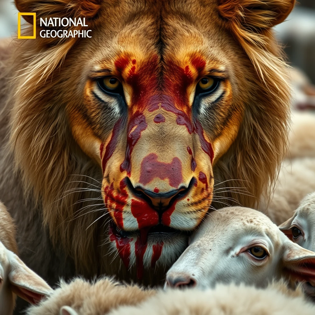 A National Geographic close-up shot of a lion's face covered in blood, surrounded by the sheep it is defending.