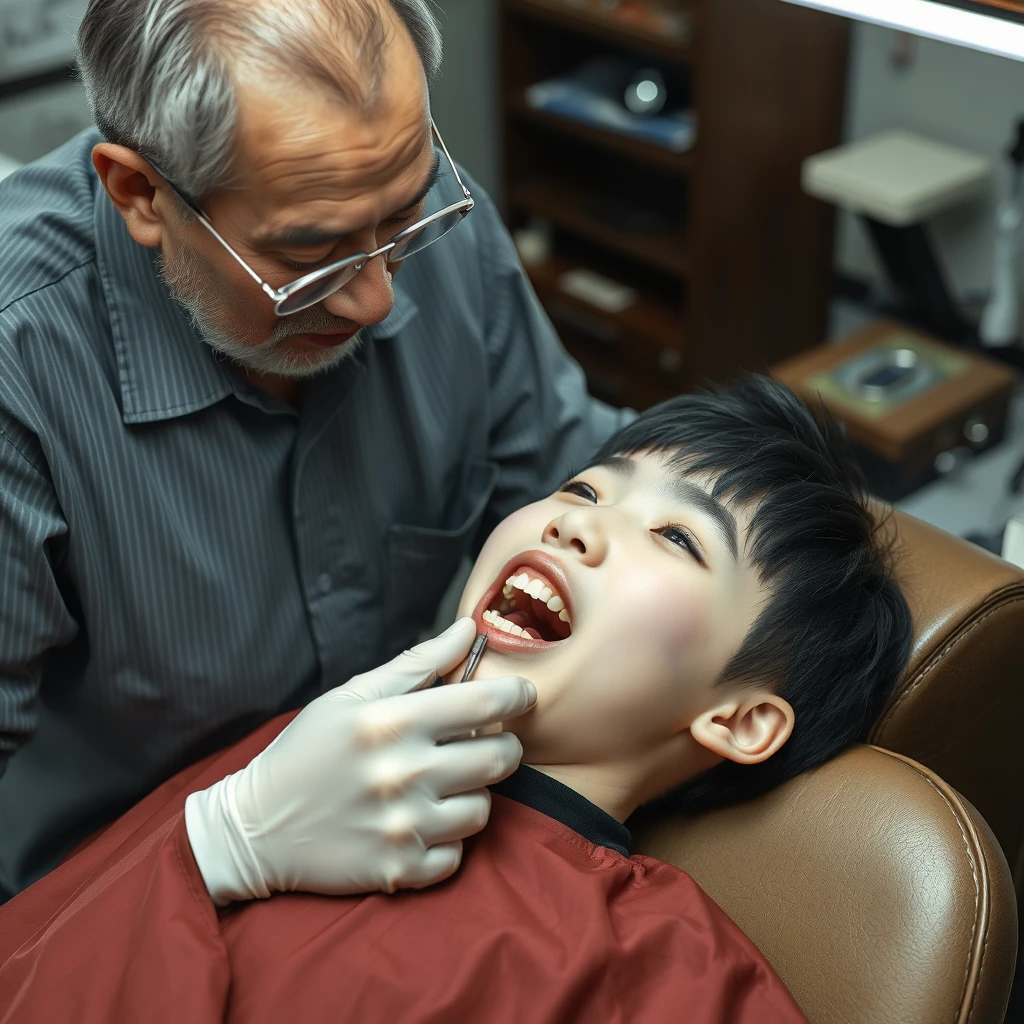 A portrait of an elderly barber checking the teeth of a 12-year-old Korean boy with a feminine appearance wearing makeup, lying on a barber chair.