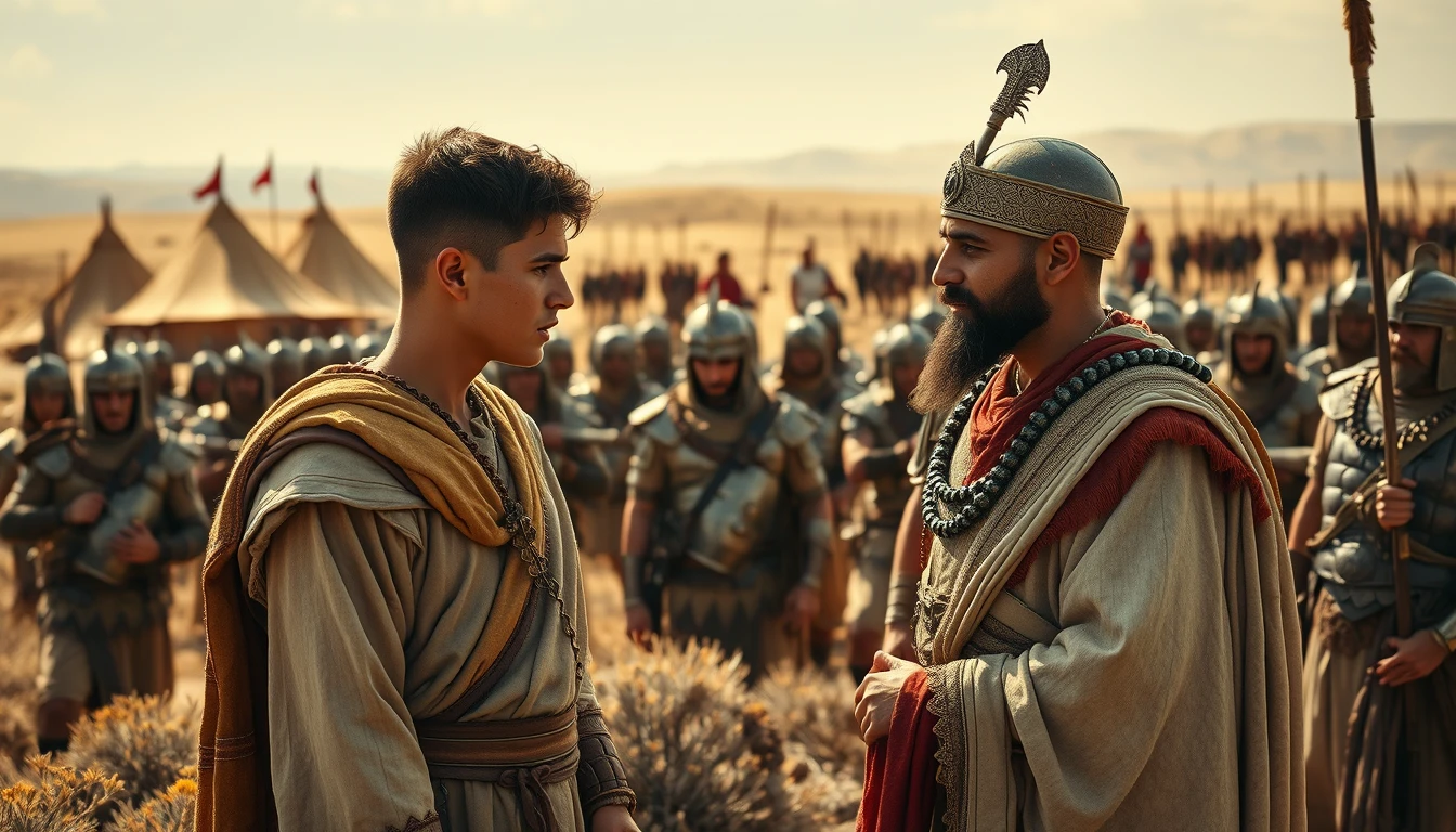 A young man is arguing with a middle-aged Mesopotamian king. The young man is dressed in biblical-era shepherd's attire. Both men are surrounded by a diverse group of men in ancient Mesopotamian bronze-age soldier armor. In the background are Mesopotamian tents pitched on desert shrubland. On the distant horizon stands another army armed and ready to fight. Dramatic lighting. - Image