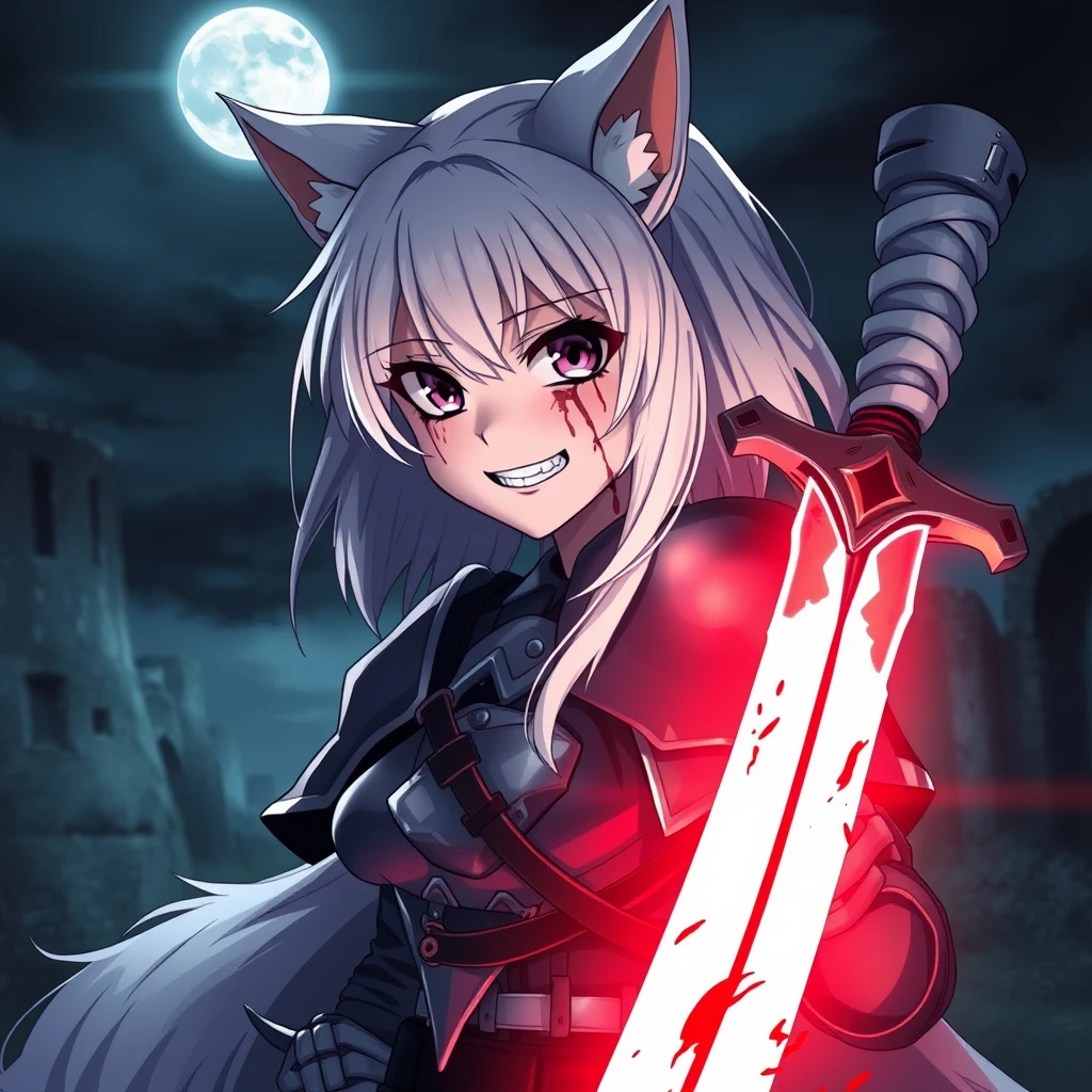 Anime girl with medium white hair, wolf ears, and a tail, sporting purple eyes and an evil grin, with blood on her face, holding a sword in her right hand. The sword is glowing light red and is covered in blood. The girl is wearing armor. In the background, there are old ruins visible. It is dark and foggy, with a full moon in the sky. Dramatic, dynamic, cinematic. - Image