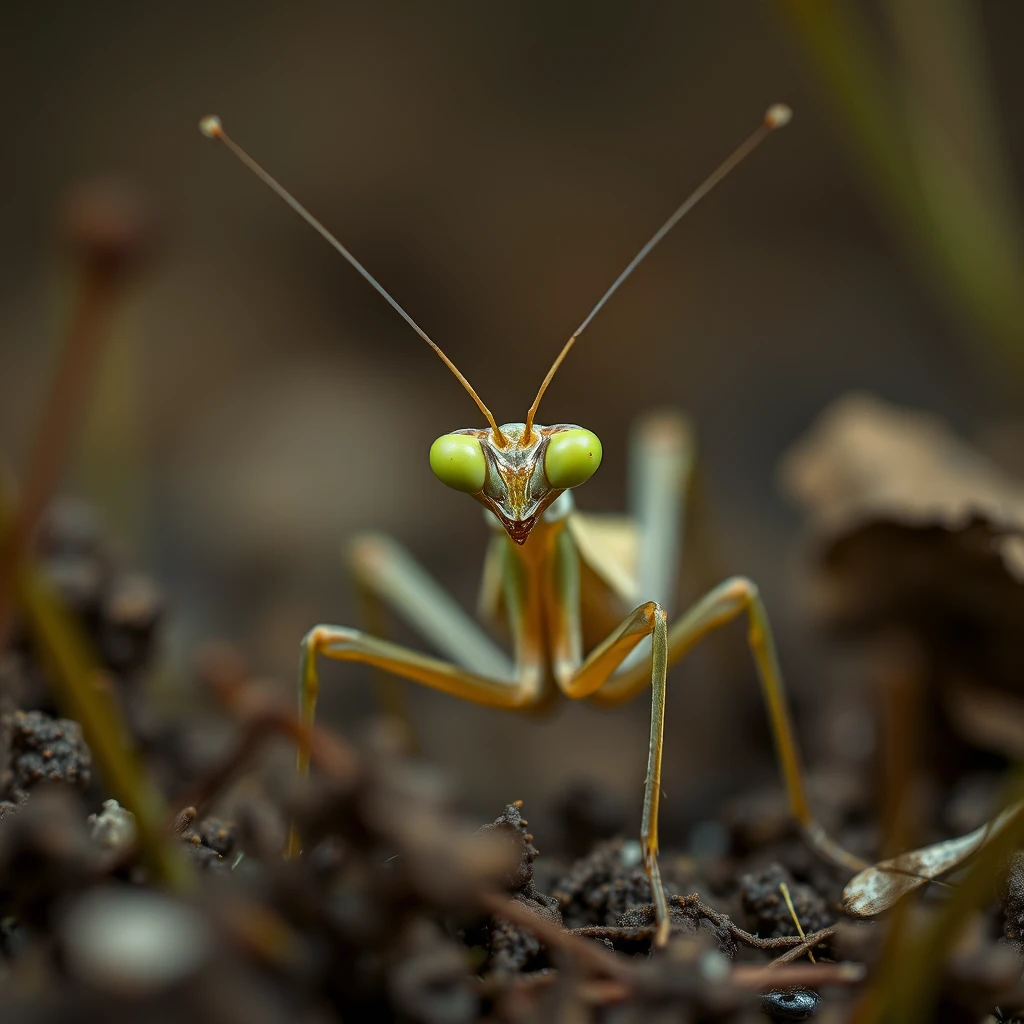 A conehead praying mantis, macro photography, eerie surroundings. High definition, high level of detail, looking poised and ready to kill.