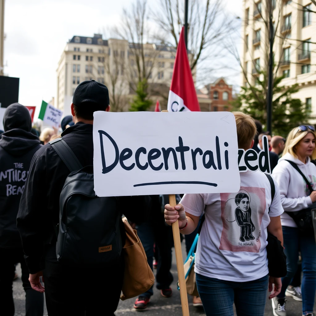 Protesters carry a sign that says "Decentralized." - Image