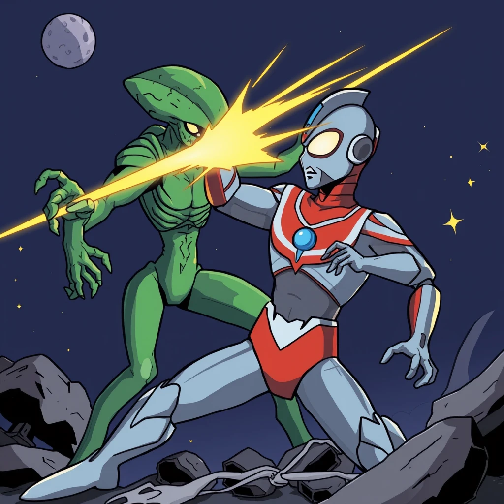 Ultraman, carton, fighting with alien