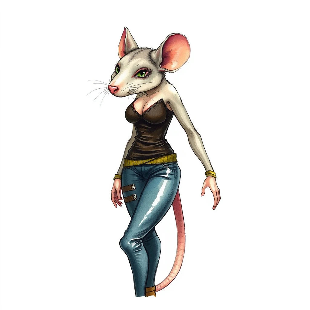 an anthro female rat, low cut top, leather pants, tight clothing, watercolor - Image