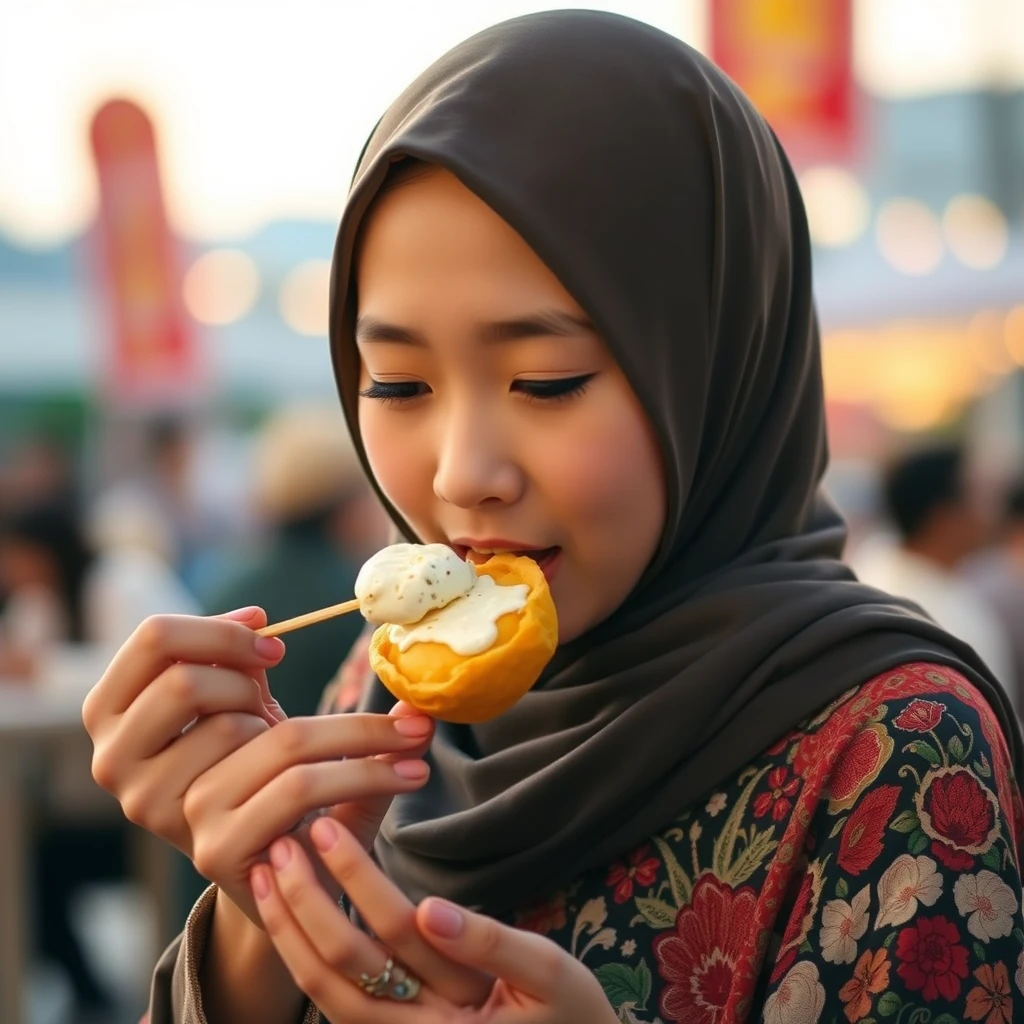 A Japanese beautiful hijab girl eating curry puff, intricate detail, bokeh, golden hour.