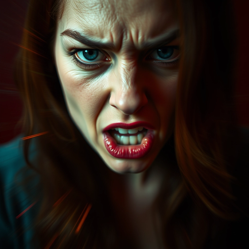 Psychedelic crazy blurred image of angry woman portrait