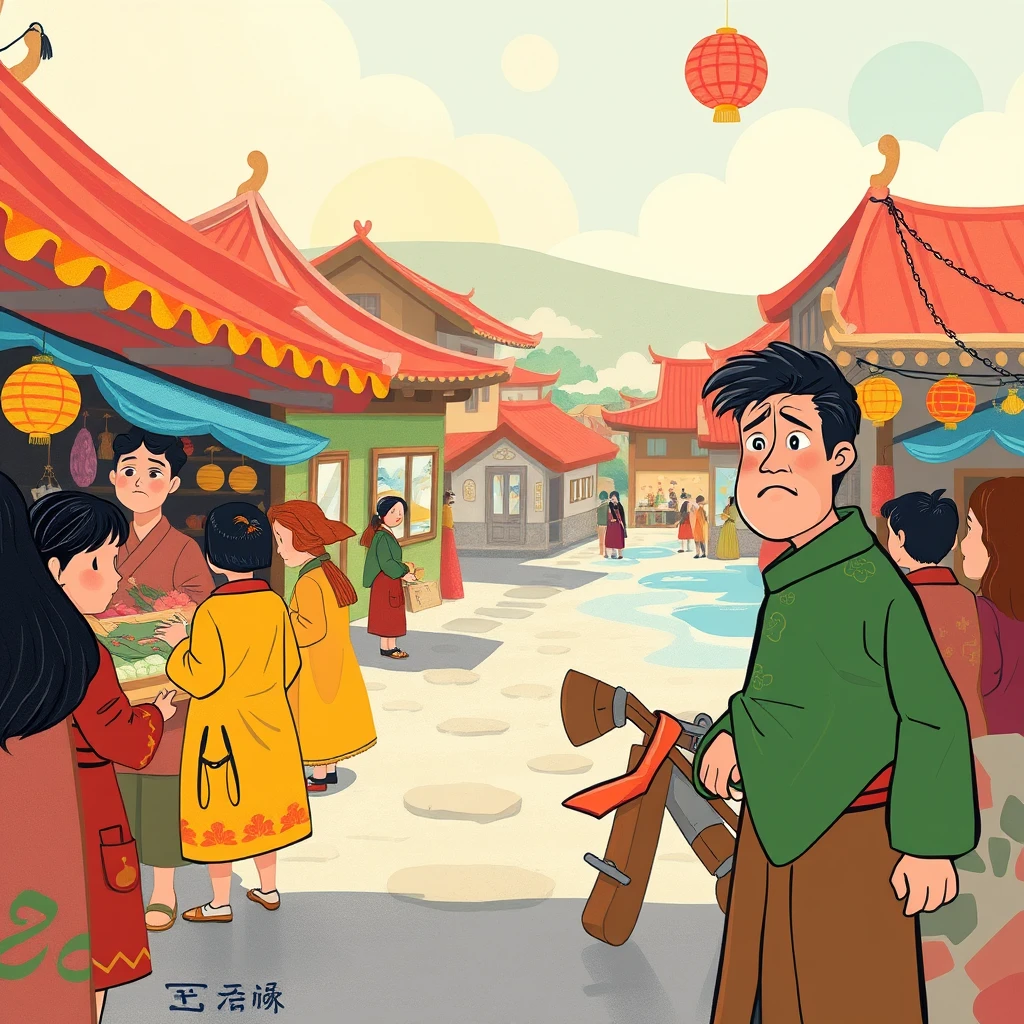   “Create a vibrant and playful illustration featuring a lively ancient marketplace with a whimsical, child-friendly style. 
  Use bold, bright colors and soft, rounded shapes to evoke a sense of wonder and excitement. 
  The atmosphere should be colorful and engaging, with abstract representations of stalls and buildings. 
  For another scene, illustrate a calm riverside with gentle, flowing lines and soft, soothing colors.
  Add a touch of fantasy with imaginative elements to make the environment inviting for children. 
  Consider a festive scene with bright, cheerful decorations and a fun, animated vibe. 
  Ensure the illustrations are highly detailed, with a high level of artistry, and are appealing and engaging for a young audience.”

a group of people looking surprised, a man named Guo running away quietly, thinking to himself with a worried expression, ((masterpiece))