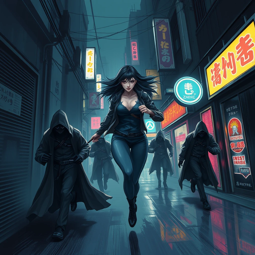 beautiful alluring cyberpunk female running down a dark dystopian urban alleyway being chased by cyberpunk assassins in hooded cloaks, brushed stroke anime art style, grunge art style, overwatch style, japanese shop signs, neon lights with realistic lighting, dark and gloomy