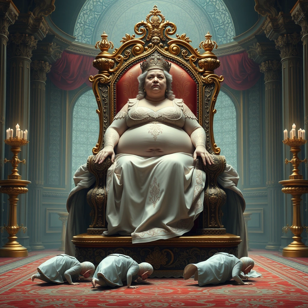 "The extraordinarily obese beautiful queen sits on a luxurious and exquisite throne, which is carried by four palace maids crawling." - Image