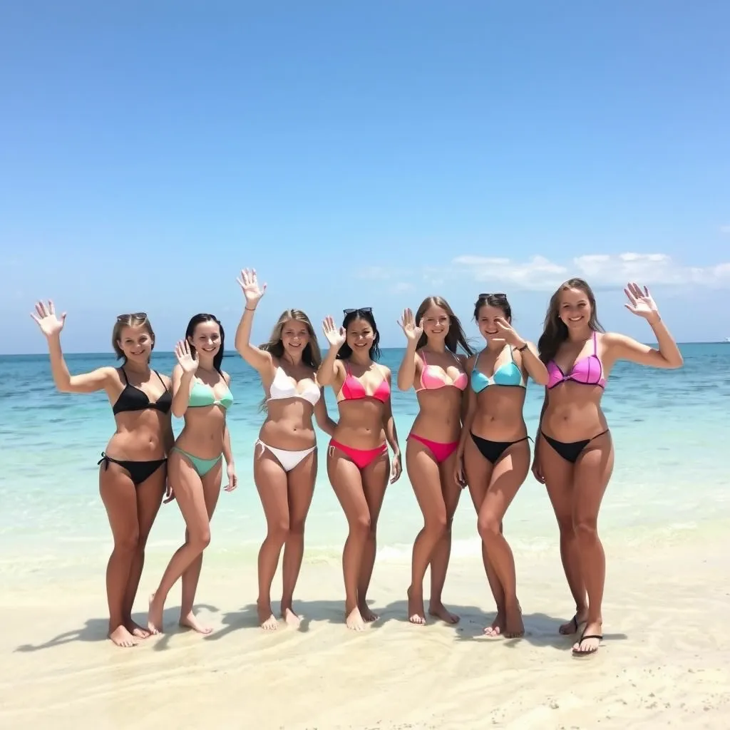 Create a photo: 6 German girls from the 6th grade are standing in swimsuits on the beach and waving at the camera.