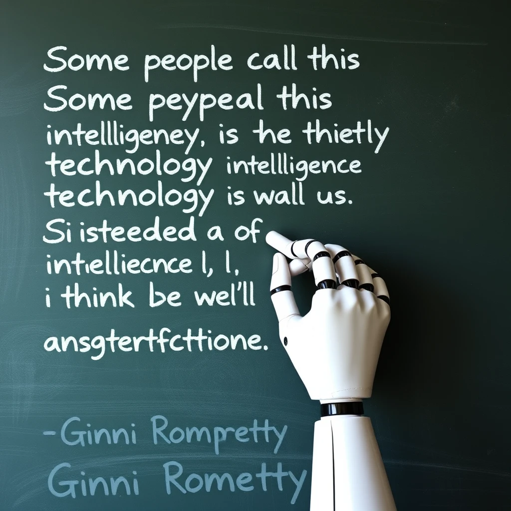 A robotic hand holding a piece of chalk writing with that piece of chalk on a chalkboard with writing on it that says “Some people call this artificial intelligence, but the reality is this technology will enhance us. So instead of artificial intelligence, I think we’ll augment our intelligence.”  
—Ginni Rometty, on a classroom style chalkboard. - Image