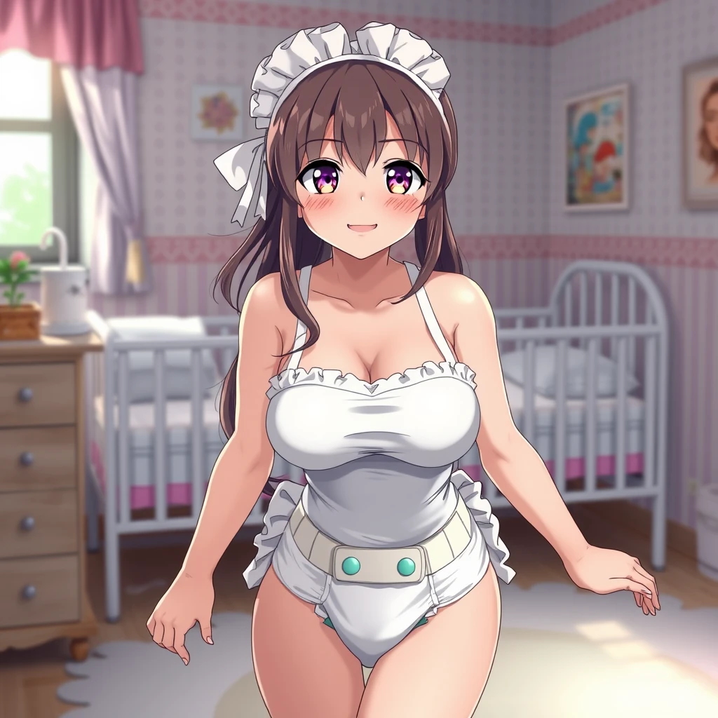 Wholesome anime latex maid in nursery wearing plastic diapers. - Image