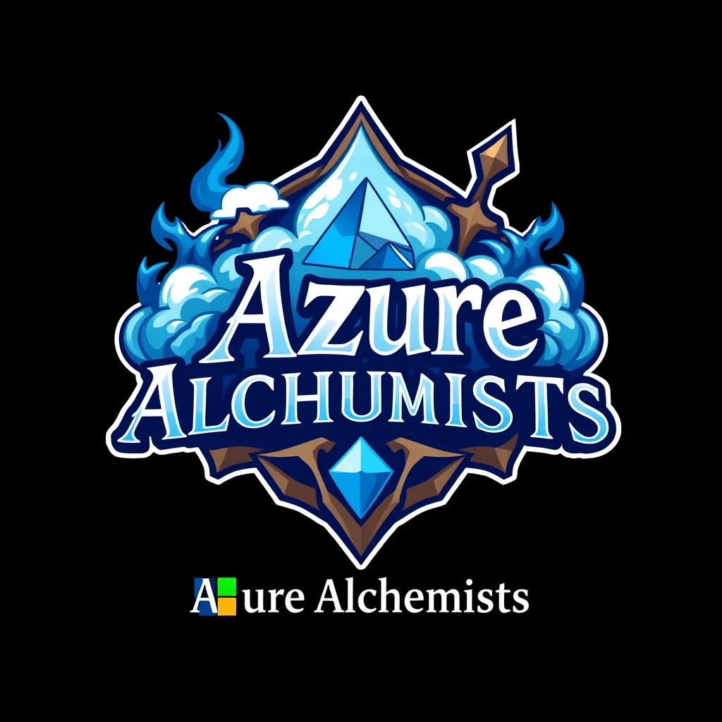 A logo for a team named "Azure Alchemists". Should be in a fantasy style, high-detailed, include Azure Cloud logo and Microsoft logo. Should include name of the team written on the bottom.