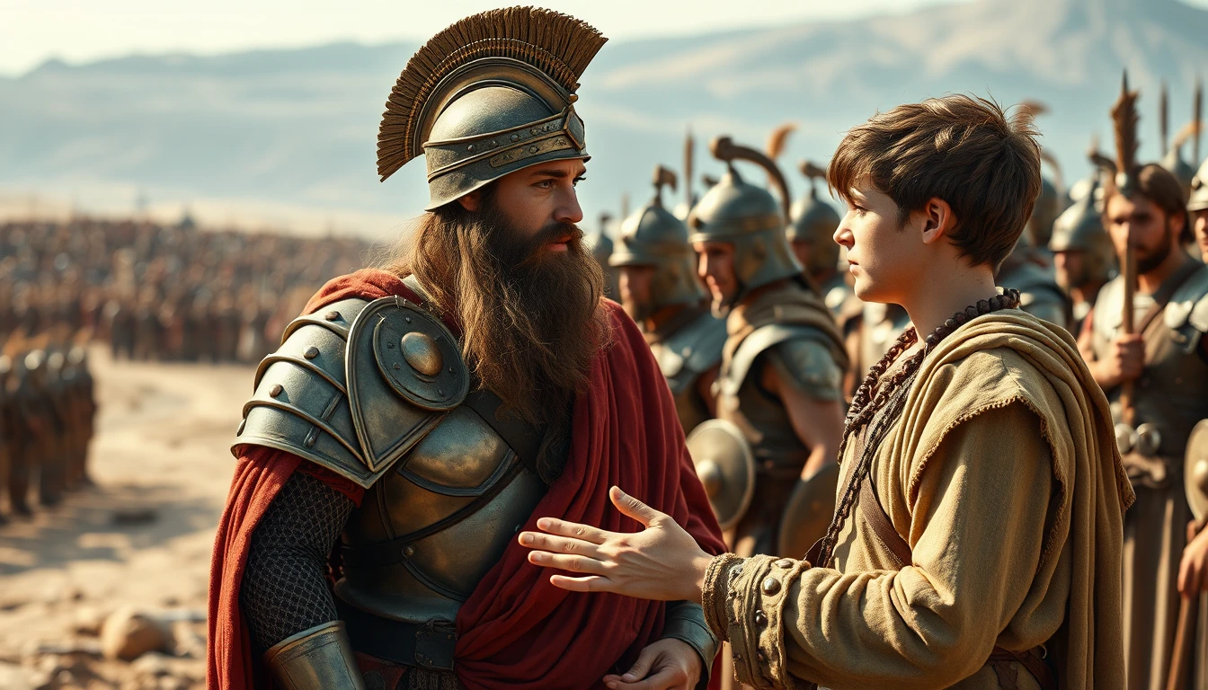 Create an image of two men arguing while onlookers crowd around. The man on the right is a young man and is wearing a simple biblical era shepherd’s attire. The young man is gesturing with his right hand as if he is explaining something to a middle-aged Mesopotamian king, who is wearing bronze-age Mesopotamian soldier armor. The background shows a blurred crowd of soldiers also wearing bronze-age Mesopotamian soldier armor. Further in the background, on the horizon stands a blurred gathering of a large bronze-age army. - Image