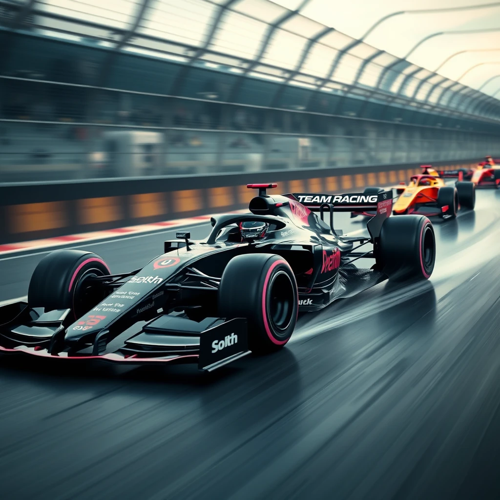 High-quality, photorealistic, near-future depiction of a Formula One race car for "Team Racing Sloth" with a livery of jet black with reddish-pink accents in the middle of a high-speed race against other Formula One cars. - Image