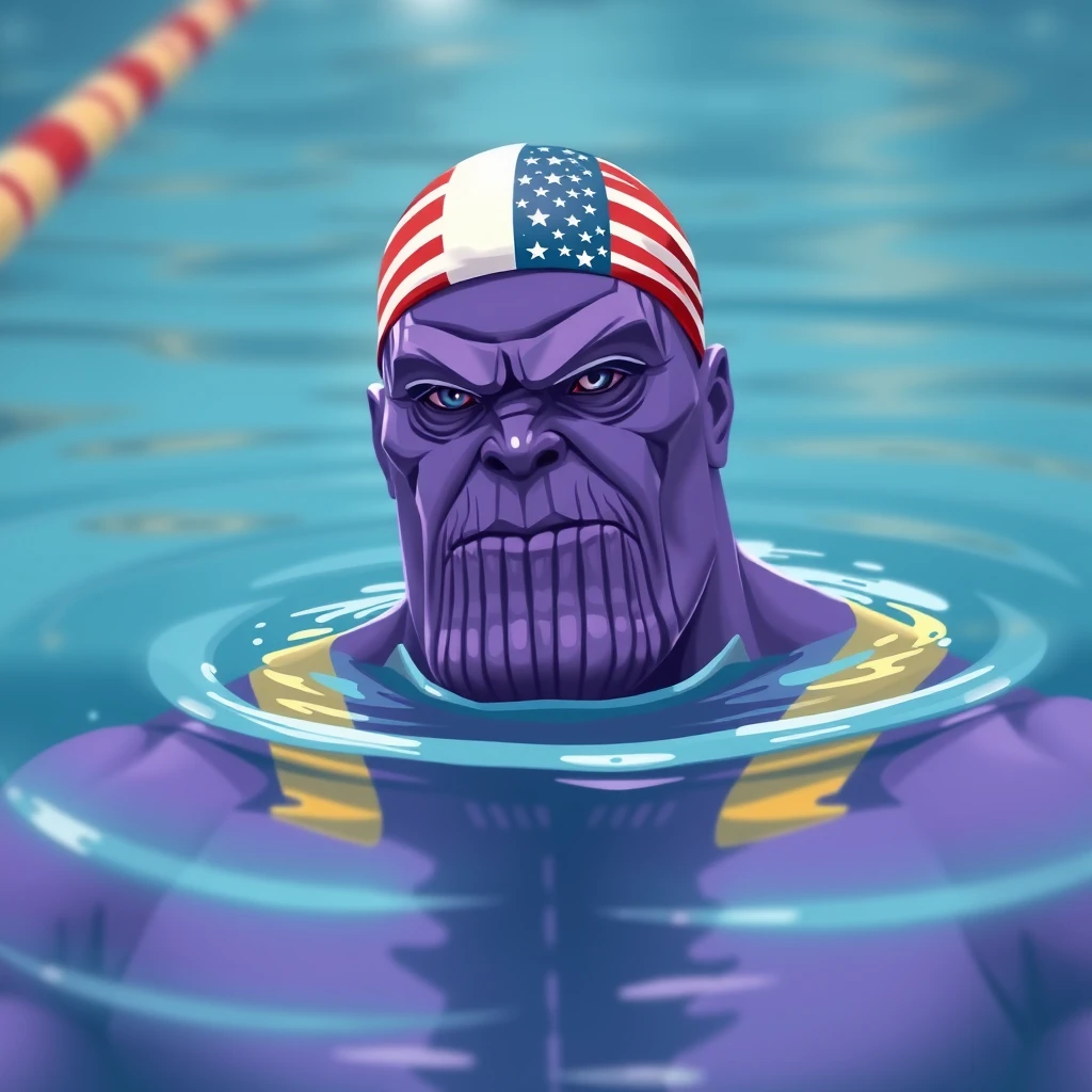 "Purple Thanos swimming, wearing a swimming cap with the American flag." - Image