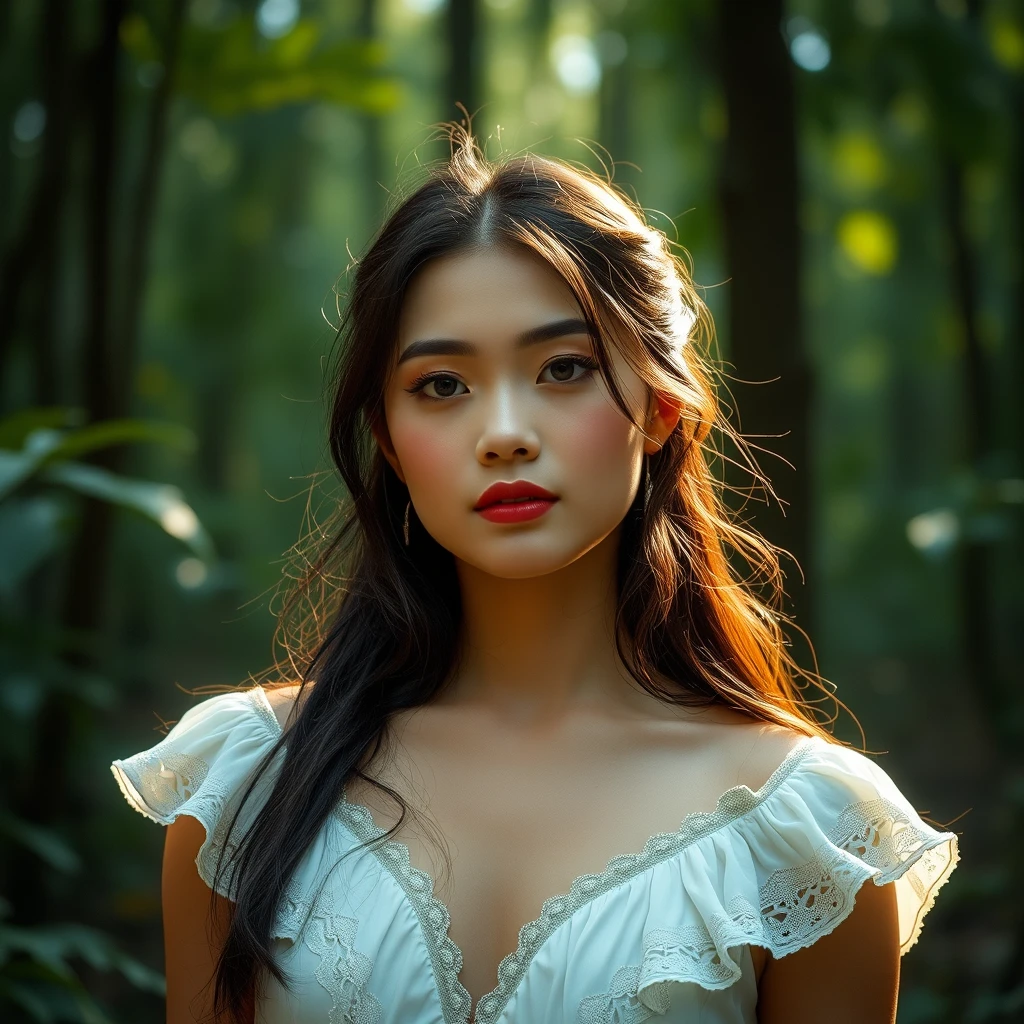 Immerse yourself in the captivating portrait of a stunning Thai woman in enchanting forests. This cinematic photoshoot, meticulously crafted, showcases her beauty with precision. Shot on a 25mm lens, depth of field and tilt blur create a compelling narrative. With settings like 1/1000 shutter speed, F/22 aperture, and calibrated white balance, the breathtaking 32k resolution reveals remarkable details. Super-resolution preserves nuances, while Pro Photo RGB enriches colors. Lighting techniques, from half rear to backlighting, accentuate elegance. Volumetric, Conte-Jour, and global illumination add depth. Scattering, reflections, and artistic elements enhance realism. Technical advancements like anti-aliasing and ambient occlusion refine quality. Prepare for an extraordinary blend of photography and CGI, where intricacy meets grace.