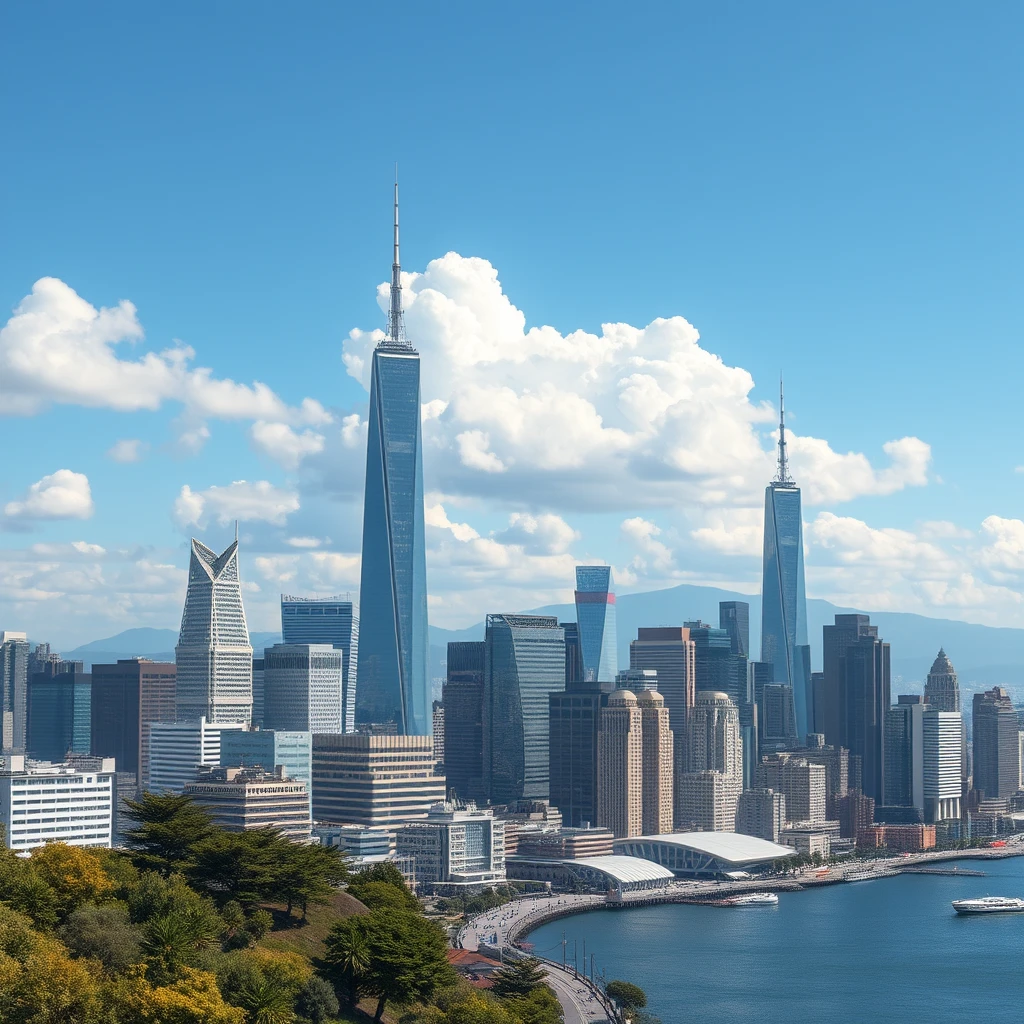 A high quality, photorealistic image of the futuristic city of San Francisco in the near future. Depict it during a bright summer day with little clouds.