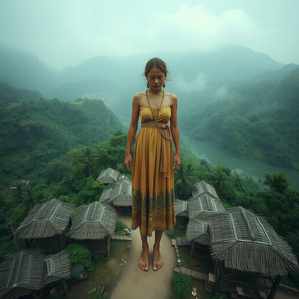 view from above, 50 meter tall giant woman standing in village barefoot