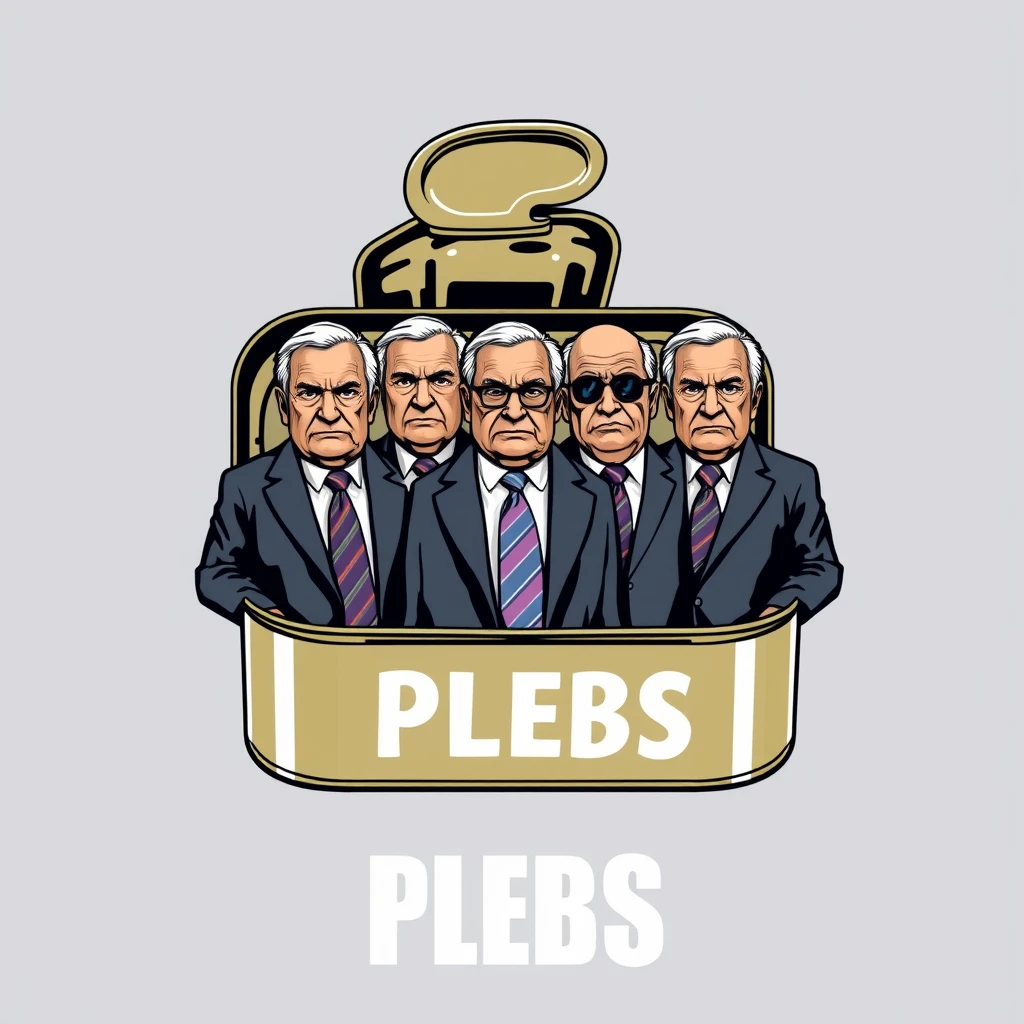 A playful t-shirt design featuring an open sardine can with a twist-off top, showcasing five wealthy older men standing upright and shoulder to shoulder in business suits, all scowling, with the text "PLEBS" beneath as part of the design. Front view. - Image