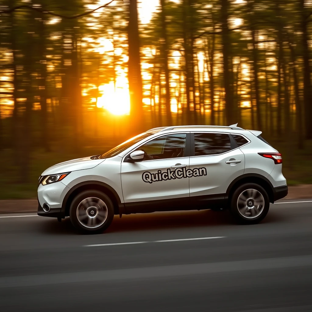 A Nissan Qashqai with 'QuickClean' painted on the side driving quickly through a forest at sunset.