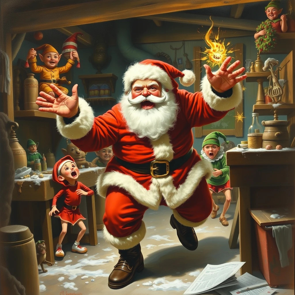 Santa is mad again and rampaging through the workshop, elves are running away in terror, a painting by Arthur Sarnoff.