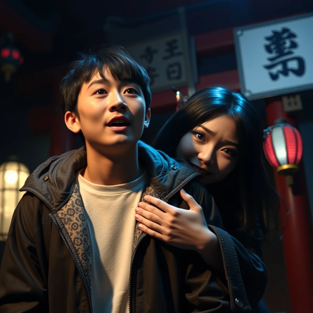 A young Asian man in a jacket is indoors at a Japanese shrine, surrounded by darkness. He looks surprised and is screaming in reality as a beautiful oriental figure, who has an evil smile, suddenly hugs him. - Image