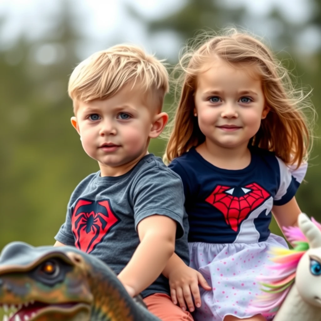 Four-year-old twins, a boy and a girl. Light brown hair and hazel eyes. Finnish-looking. The boy is wearing a Spiderman t-shirt and the girl is wearing a unicorn dress. They are riding with dinosaurs. - Image