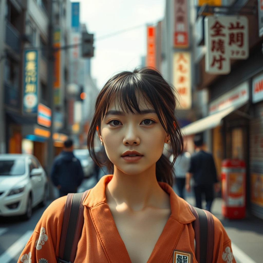 "Generate a Japanese woman, background on the streets of Tokyo."