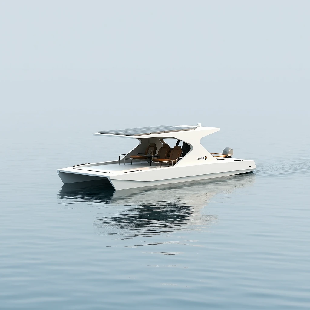 Smart minimalist design of an open hydrodynamic, 6 meter long Catamaran boat with 6 seats, with adequate safety rails, in a calm lake in Kashmir, the platform powered by batteries and thruster pods, with foldable hard roof carrying solar panels over it.