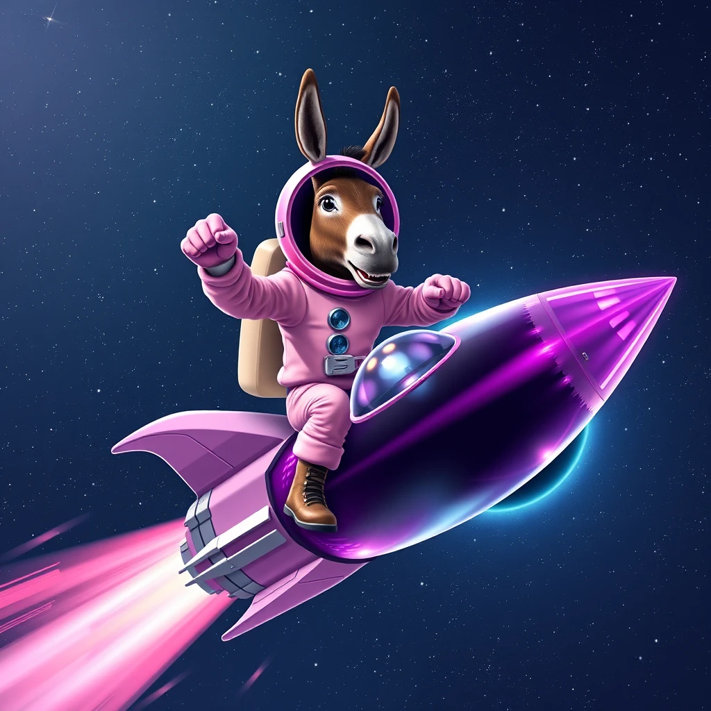 An ambitious donkey wearing pink astronaut costume, riding on a crystal light purple stunning spaceship, making a punching gesture, flying to the outerspace under a clear night sky with lots of shining stars, passing by a huge black-hole. Realistic style. - Image