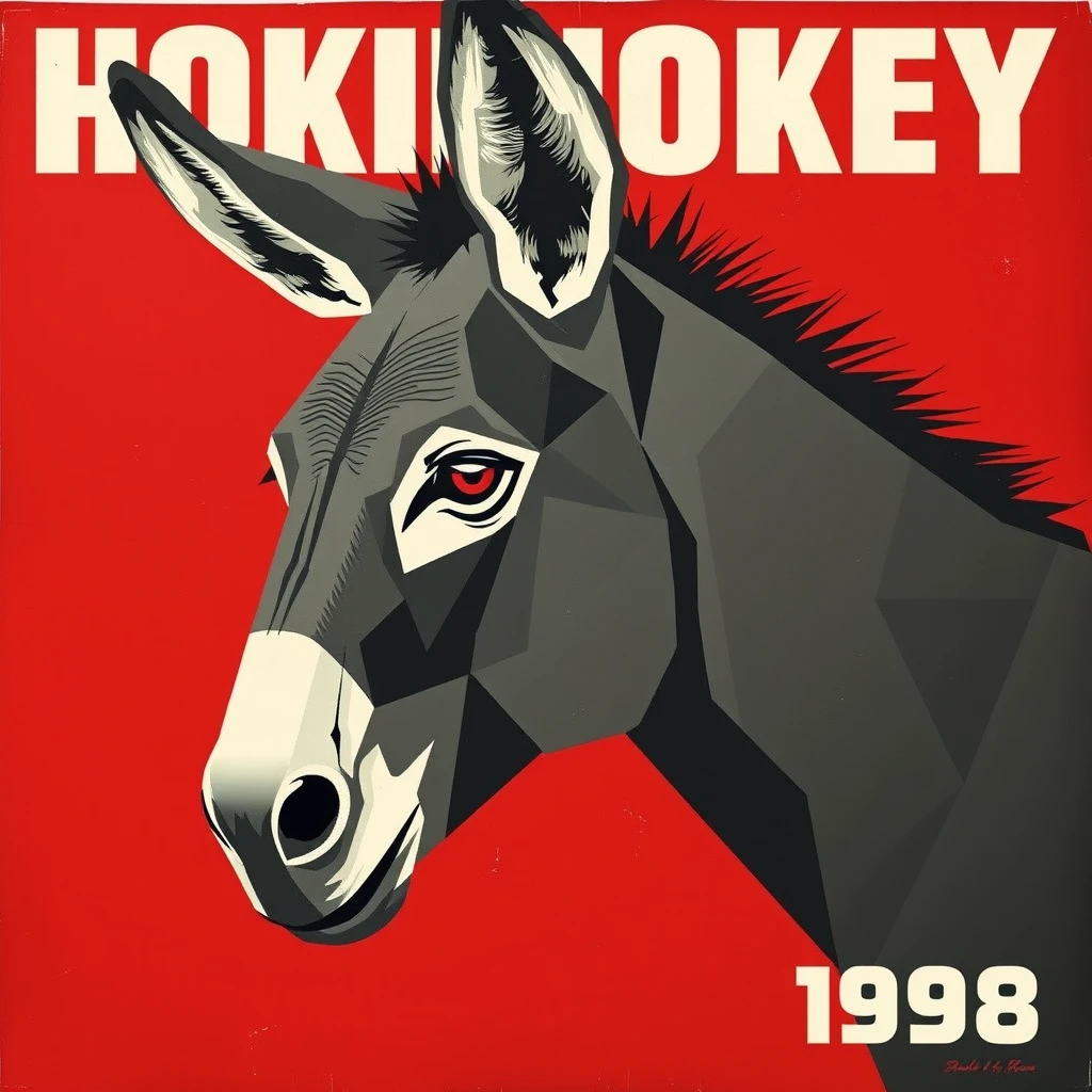 Soviet propaganda poster depicting a donkey in a constructivist style. The donkey is gray and the background is dark red. - Image