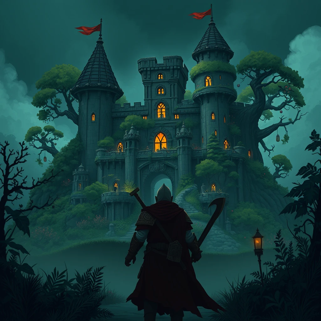 Dark fantasy animation. A warrior approaches a castle made of trees and plants.