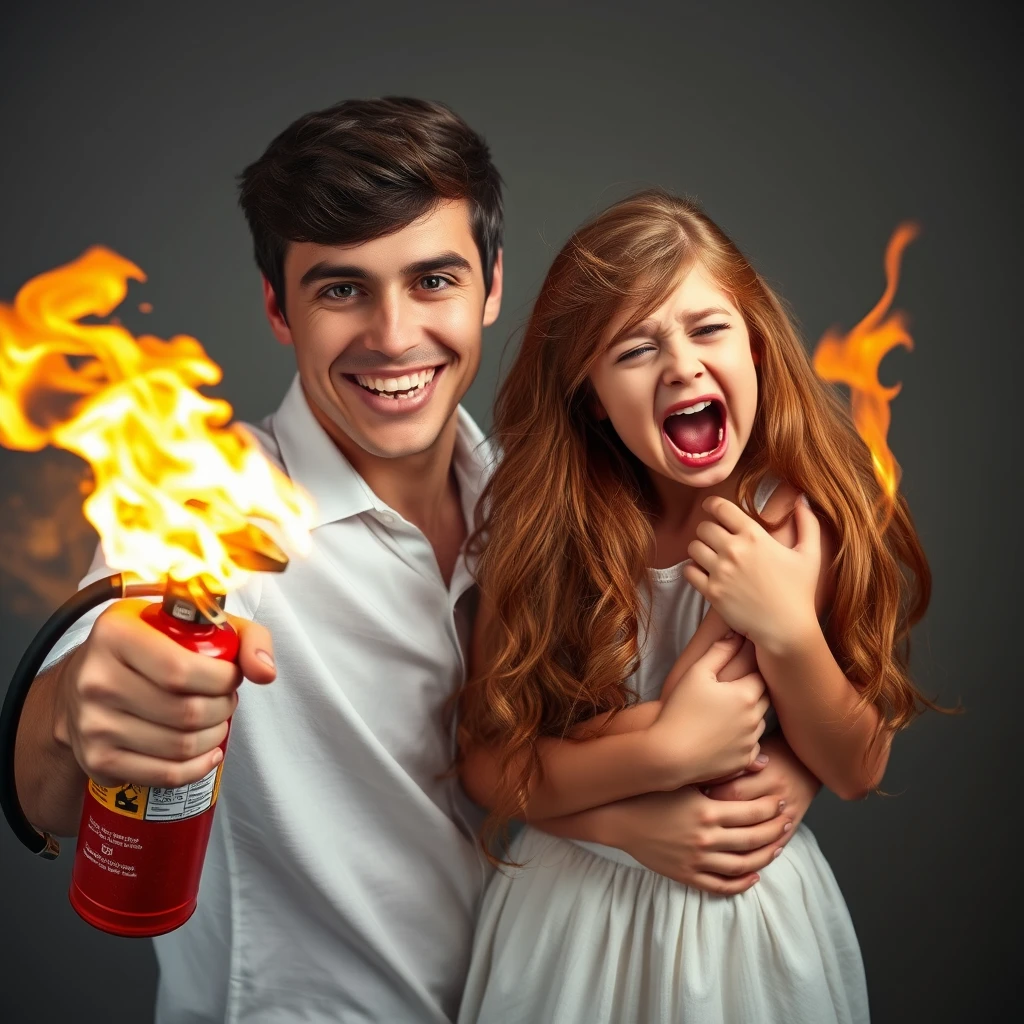 20-year-old smiling white Italian man holding a "fire extinguisher flamethrower," pointing at a "screaming green-eyed redhead girl in a fetal position, crying, engulfed in flames."