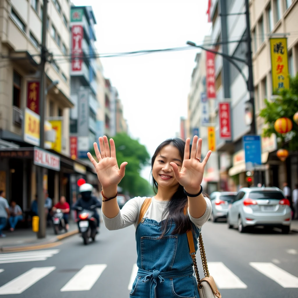 Asian woman holding hands out in middle of the street