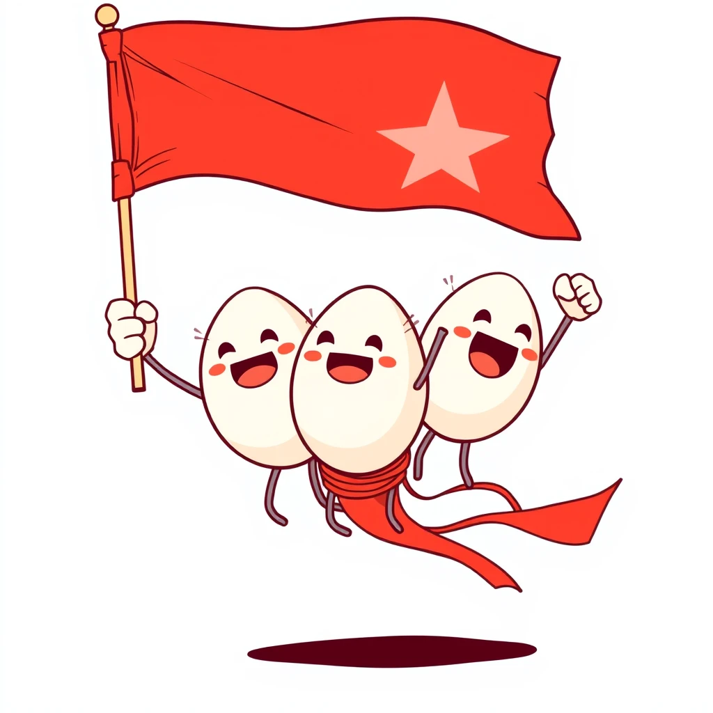 Lineart comic, three eggs hanging a red flag and swinging their fist.